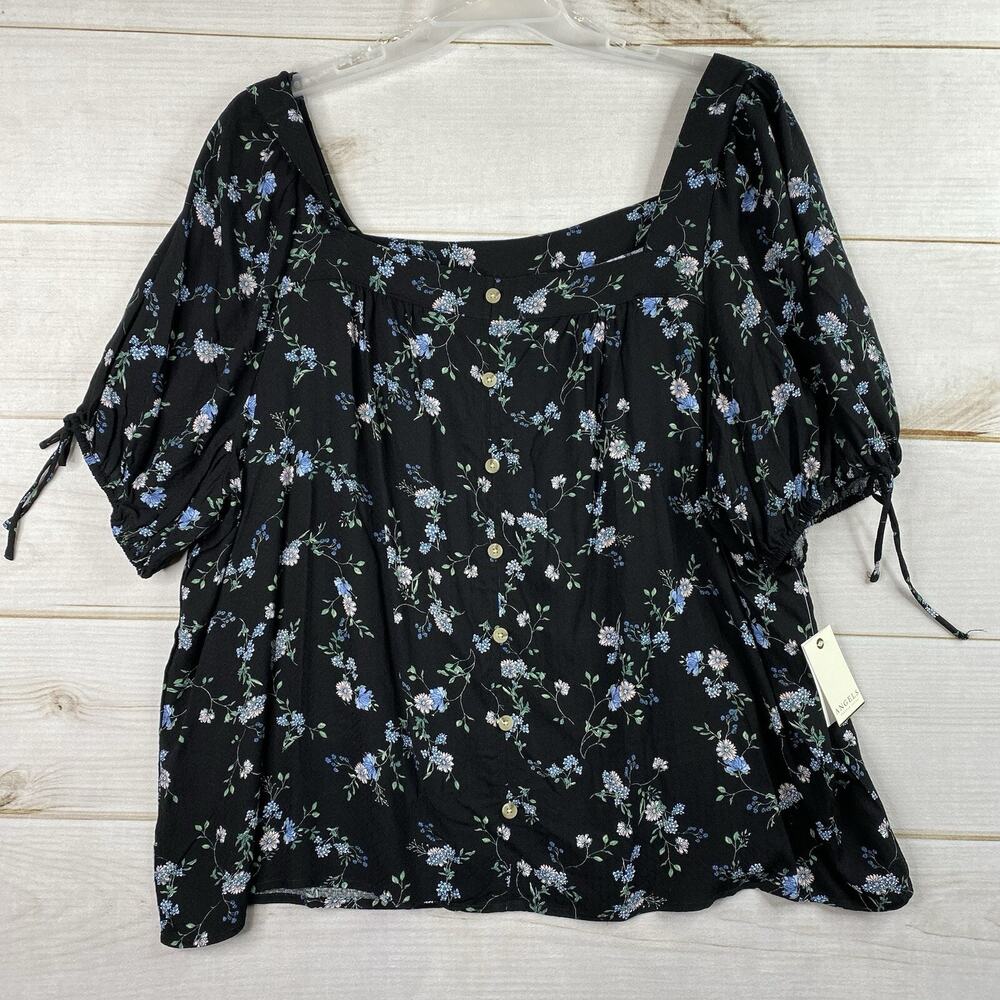 Angels Forever Young Top Womens 3X Black Floral Boho Flowy Rayon Square Neck NWT